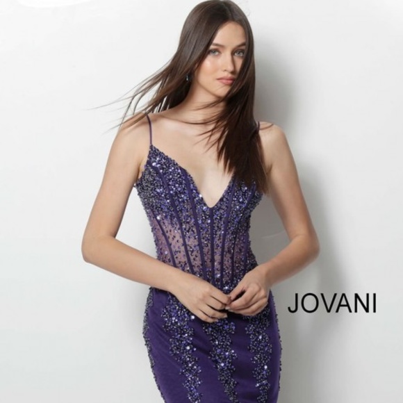 Jovani Dresses & Skirts - Jovani Purple Beaded Plunging Neckline Short Dress